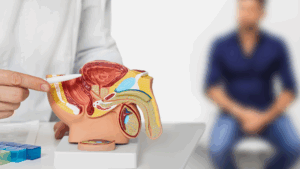 Imagem das mãos de um médico segurando um objeto com todas as estruturas do órgão reprodutor massculino e, ao fundo, um homem em imagem embaçada, com as mão em frente aos genitais, possivelmente sofrendo com problemas de infertilidade, pronto para fazer um espermograma.