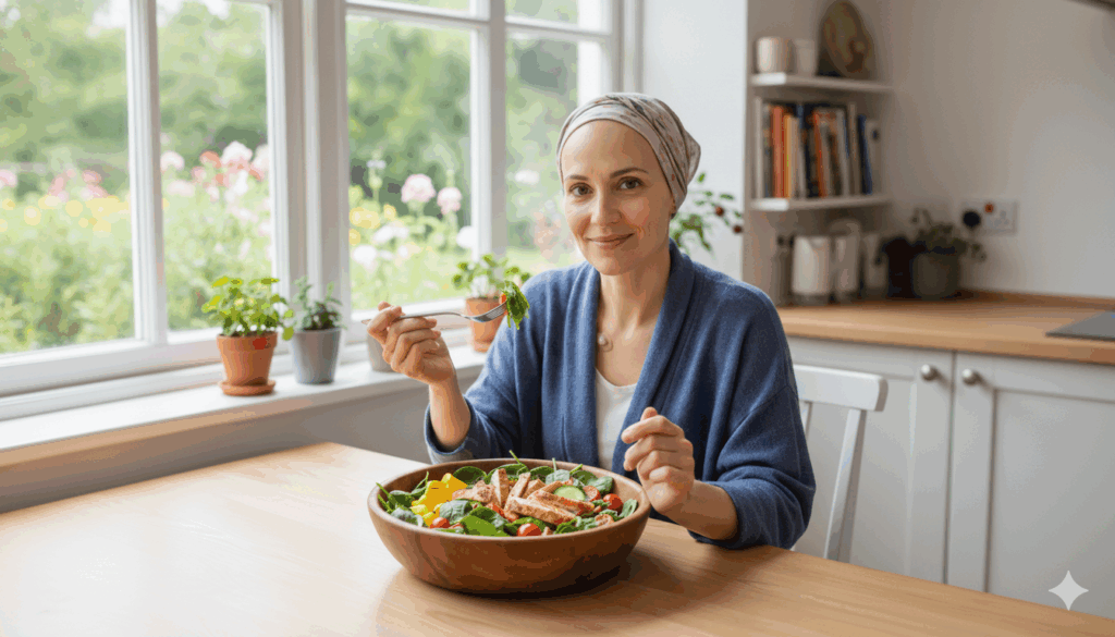Mulher sorridente em recuperação de câncer come uma salada colorida em casa, representando a relação entre câncer e alimentação saudável.